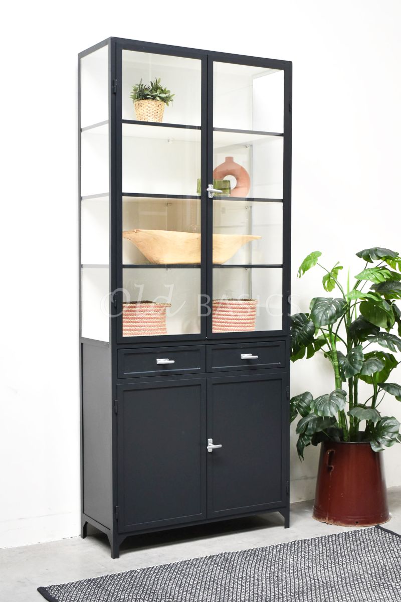 Detail van Apothekerskast Ferro, 2 deuren, RAL7021, zwart, grijs, materiaal staal